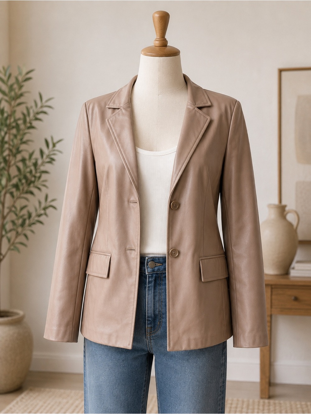 And Now This Faux Leather Blazer Size L Almond Taupe Two Button Jacket
